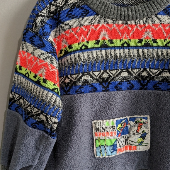 Vintage Toddler boys Crew neck sweater Neon pattern with skiing patch - Picture 2 of 5